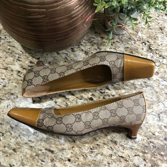 Gucci Mustard Leather Tan GG Canvas Square Toe Kitten Heels w/ Wooden Heels 7.5 - Picture 5 of 10